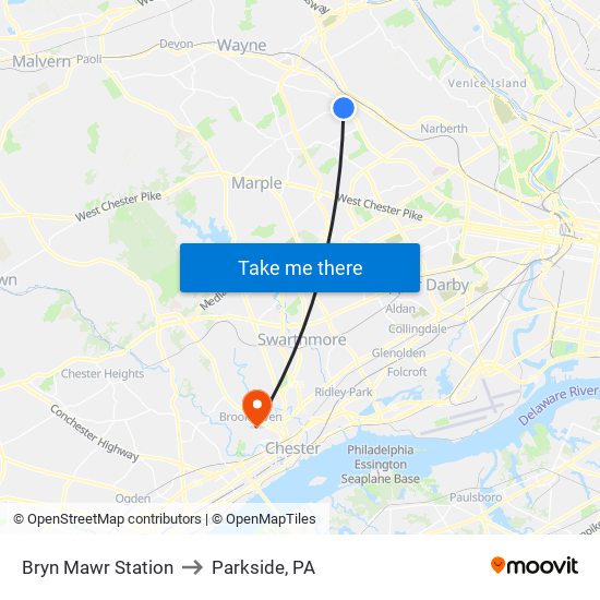 Bryn Mawr Station to Parkside, PA map