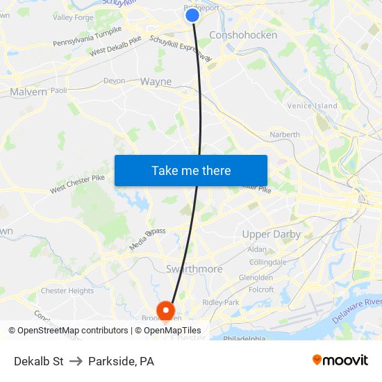 Dekalb St to Parkside, PA map