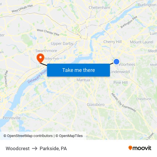 Woodcrest to Parkside, PA map