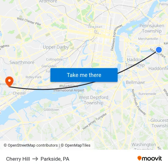 Cherry Hill to Parkside, PA map