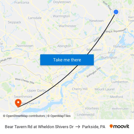 Bear Tavern Rd at Wheldon Shivers Dr to Parkside, PA map