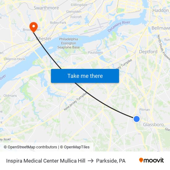 Inspira Medical Center Mullica Hill to Parkside, PA map