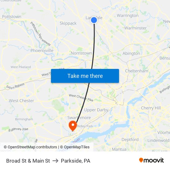 Broad St & Main St to Parkside, PA map