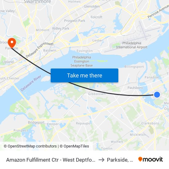 Amazon Fulfillment Ctr - West Deptford to Parkside, PA map