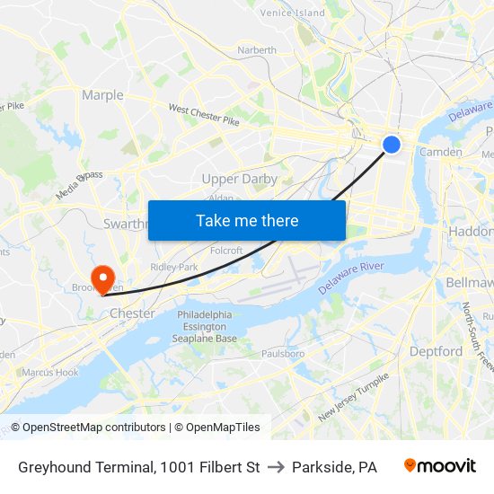 Greyhound Terminal, 1001 Filbert St to Parkside, PA map