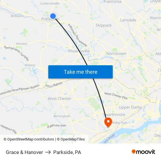 Grace & Hanover to Parkside, PA map