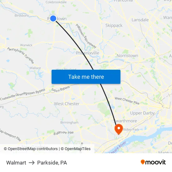 Walmart to Parkside, PA map