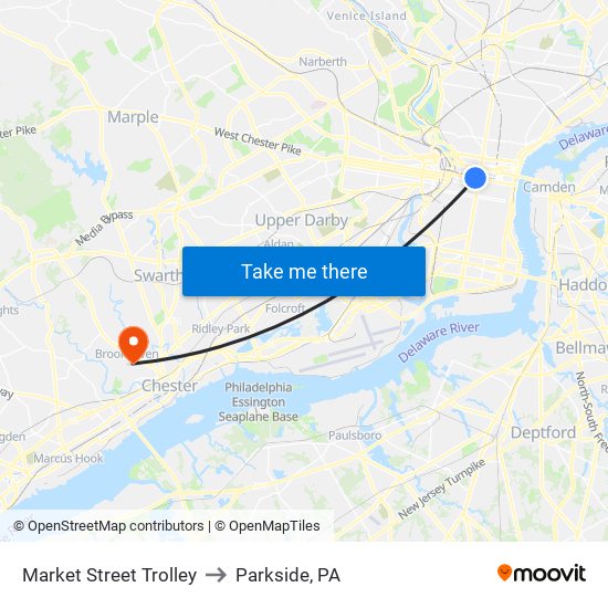 Market Street Trolley to Parkside, PA map