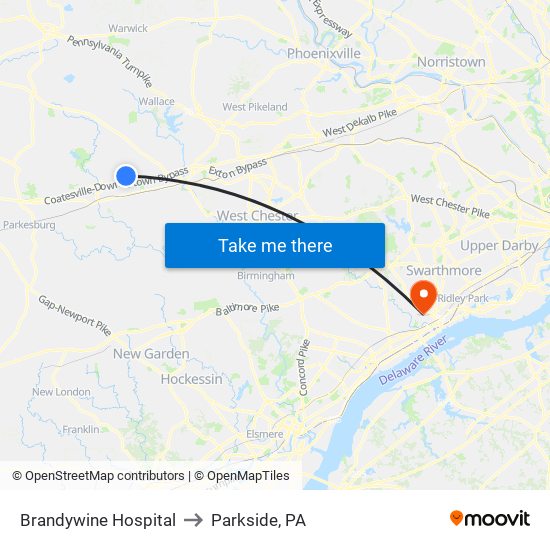 Brandywine Hospital to Parkside, PA map