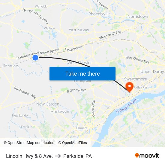 Lincoln Hwy & 8 Ave. to Parkside, PA map