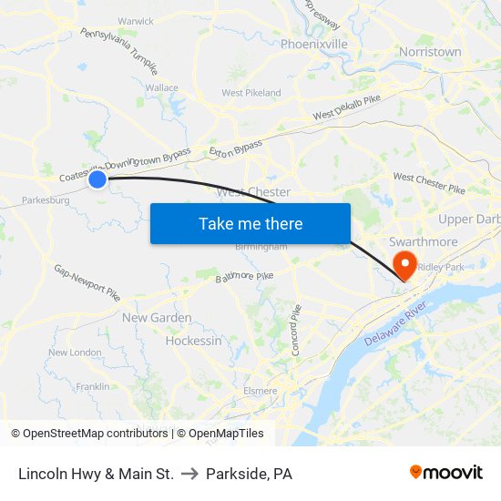 Lincoln Hwy & Main St. to Parkside, PA map
