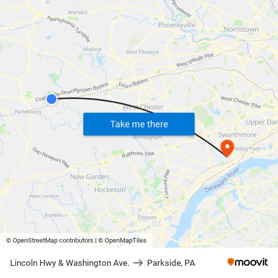 Lincoln Hwy & Washington Ave. to Parkside, PA map