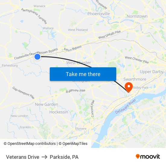 Veterans Drive to Parkside, PA map