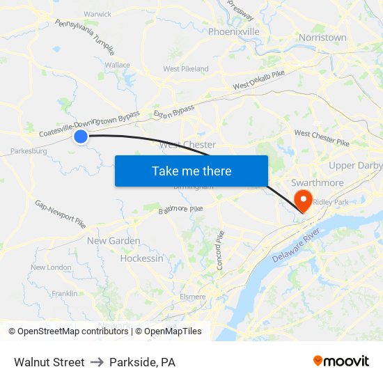 Walnut Street to Parkside, PA map