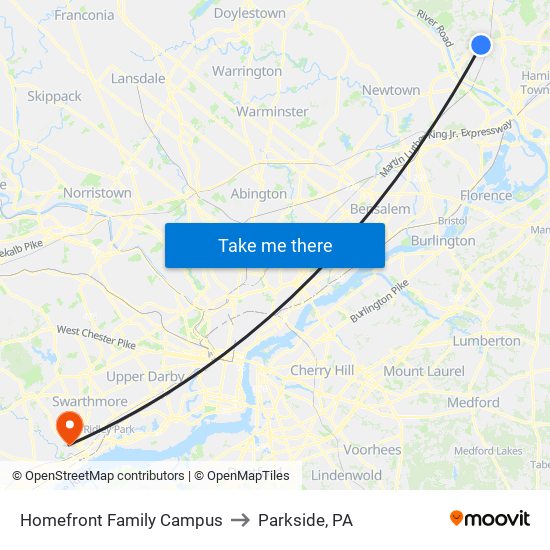 Homefront Family Campus to Parkside, PA map