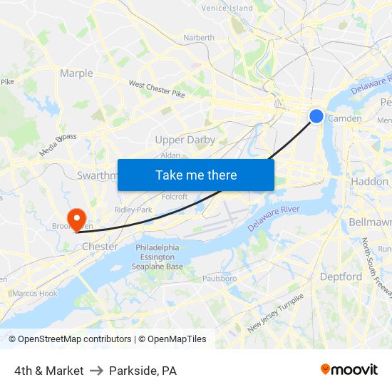 4th & Market to Parkside, PA map