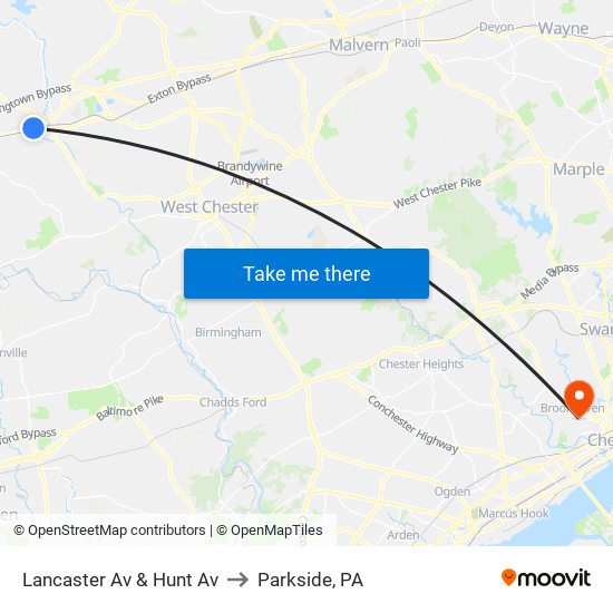 Lancaster Av & Hunt Av to Parkside, PA map