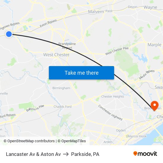 Lancaster Av & Aston Av to Parkside, PA map