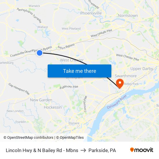 Lincoln Hwy & N Bailey Rd - Mbns to Parkside, PA map