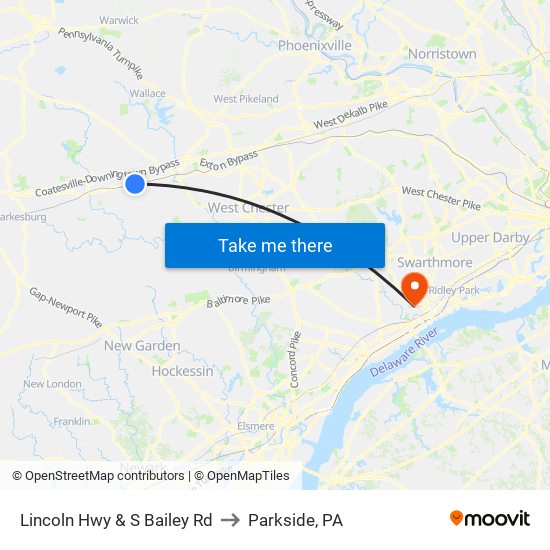 Lincoln Hwy & S Bailey Rd to Parkside, PA map
