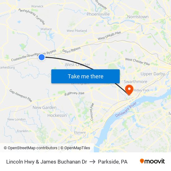 Lincoln Hwy & James Buchanan Dr to Parkside, PA map