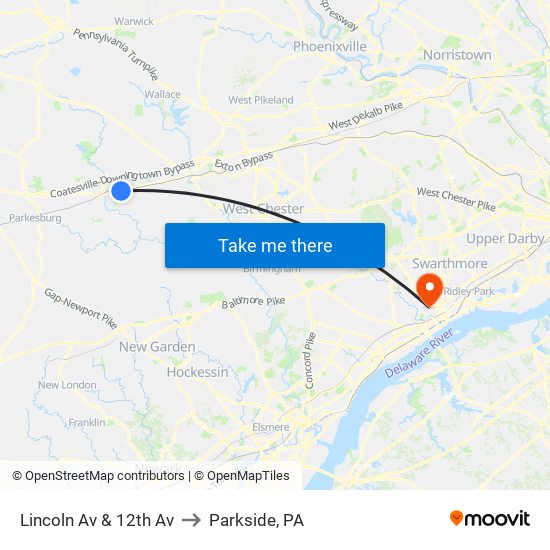 Lincoln Av & 12th Av to Parkside, PA map