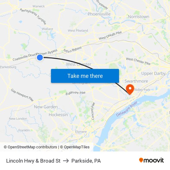 Lincoln Hwy & Broad St to Parkside, PA map