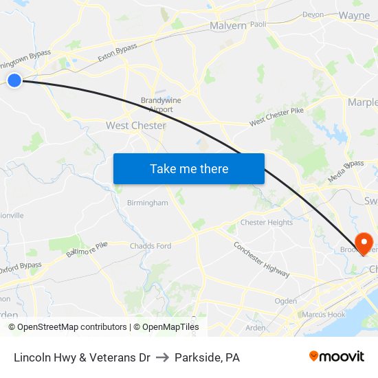 Lincoln Hwy & Veterans Dr to Parkside, PA map