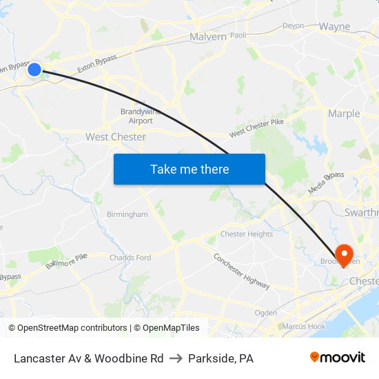 Lancaster Av & Woodbine Rd to Parkside, PA map