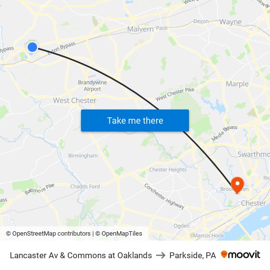 Lancaster Av & Commons at Oaklands to Parkside, PA map