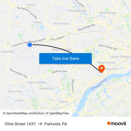 Olive Street 1651 to Parkside, PA map