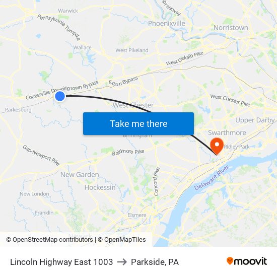 Lincoln Highway East 1003 to Parkside, PA map