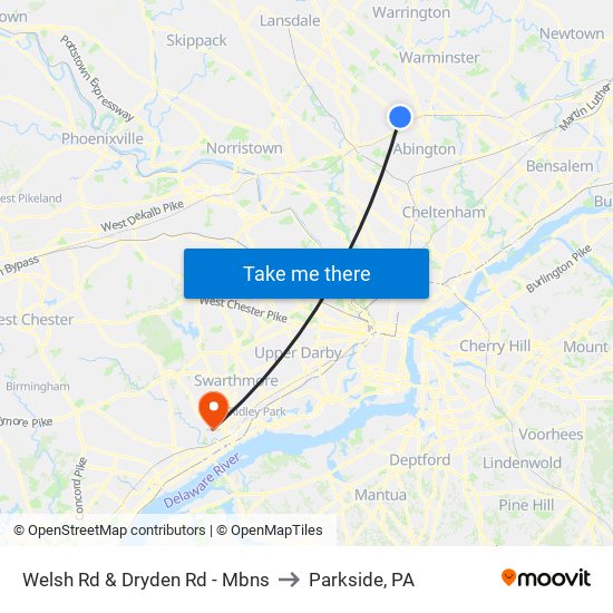 Welsh Rd & Dryden Rd - Mbns to Parkside, PA map