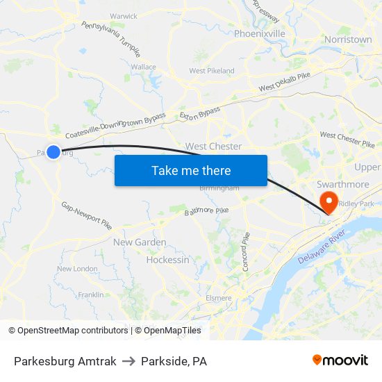 Parkesburg Amtrak to Parkside, PA map
