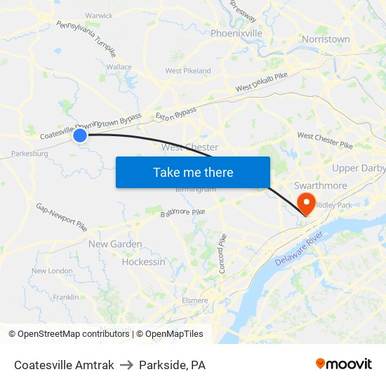 Coatesville Amtrak to Parkside, PA map