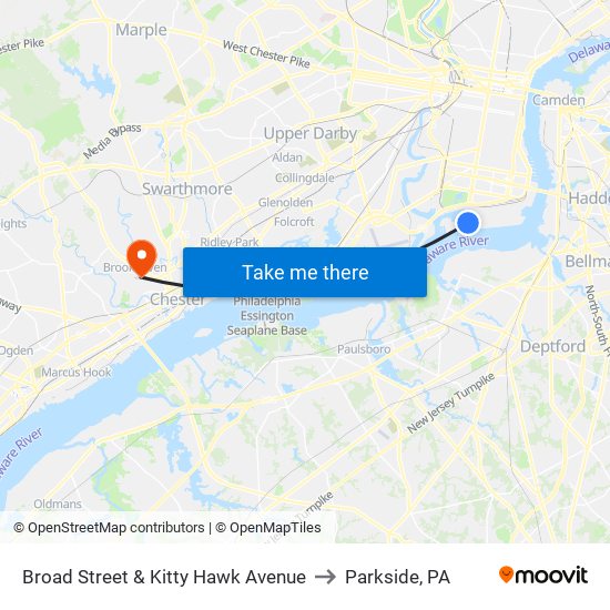 Broad Street & Kitty Hawk Avenue to Parkside, PA map