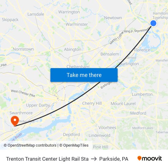 Trenton Transit Center Light Rail Sta to Parkside, PA map