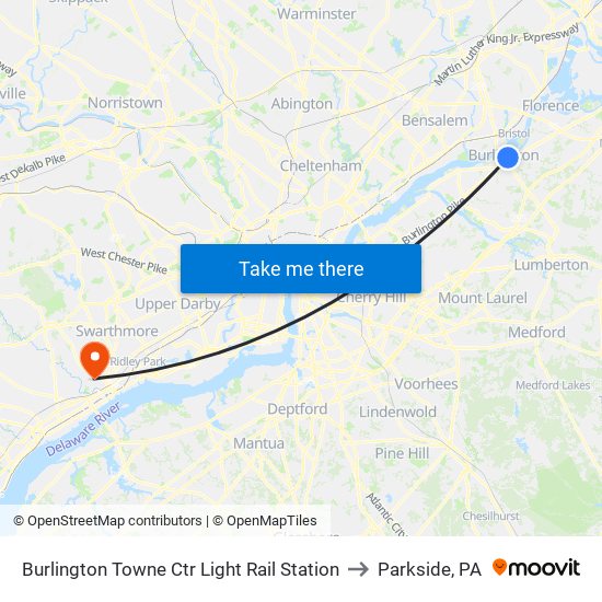 Burlington Towne Ctr Light Rail Station to Parkside, PA map