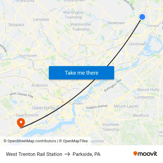 West Trenton Rail Station to Parkside, PA map