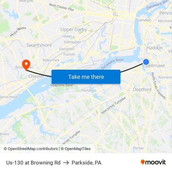 Us-130 at Browning Rd to Parkside, PA map