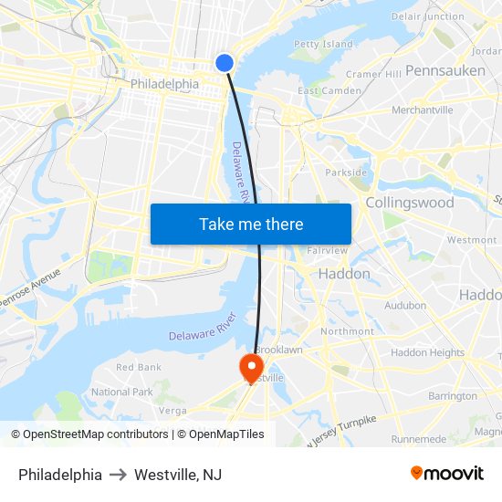 Philadelphia to Westville, NJ map