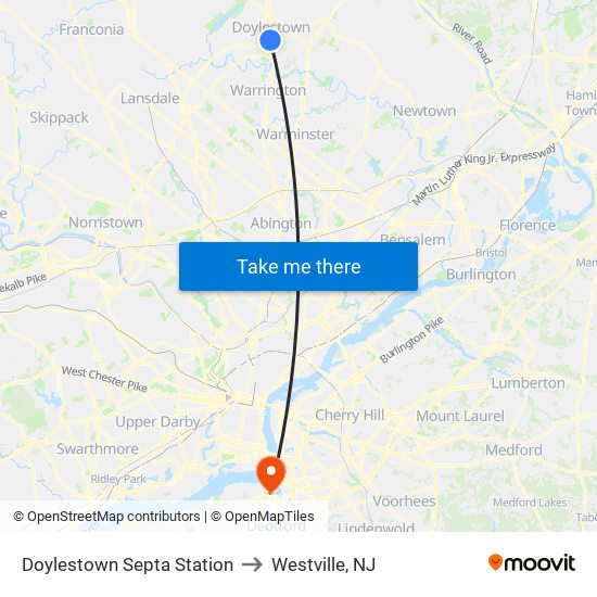 Doylestown Septa Station to Westville, NJ map
