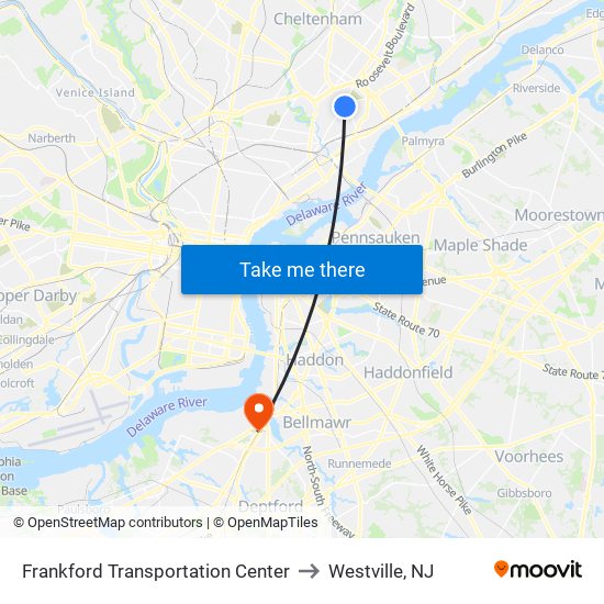 Frankford Transportation Center to Westville, NJ map