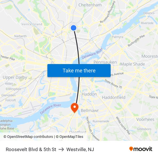 Roosevelt Blvd & 5th St to Westville, NJ map