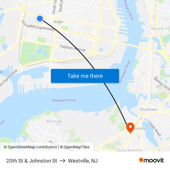 20th St & Johnston St to Westville, NJ map