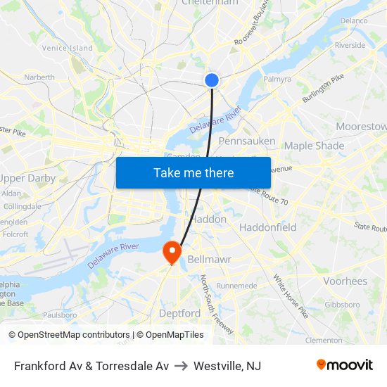 Frankford Av & Torresdale Av to Westville, NJ map