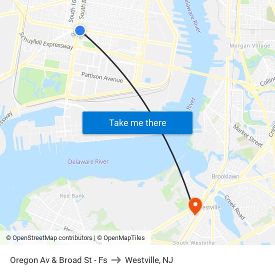 Oregon Av & Broad St - Fs to Westville, NJ map