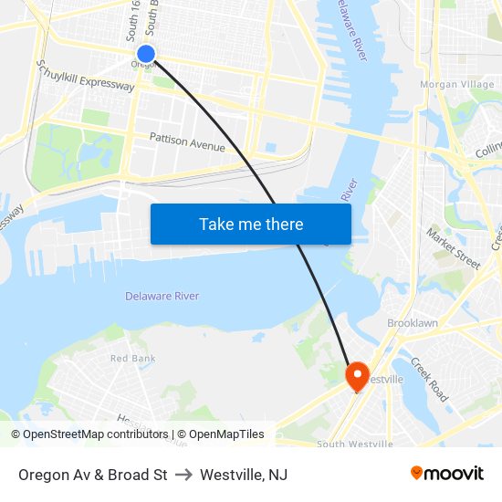 Oregon Av & Broad St to Westville, NJ map