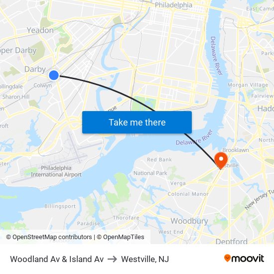 Woodland Av & Island Av to Westville, NJ map