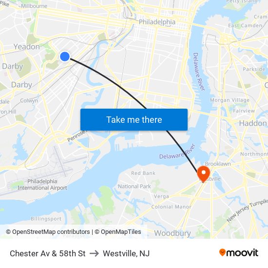 Chester Av & 58th St to Westville, NJ map